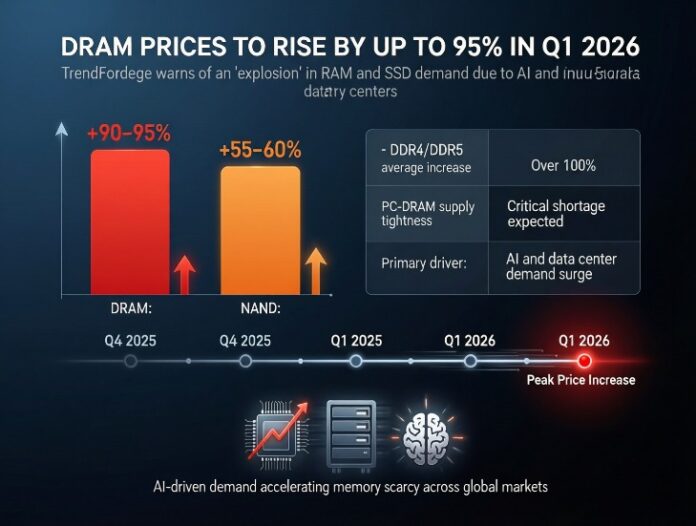 Αύξηση τιμών DRAM έως 95% το Q1 2026: Η TrendForce προειδοποιεί για «έκρηξη» σε RAM και SSD λόγω AI